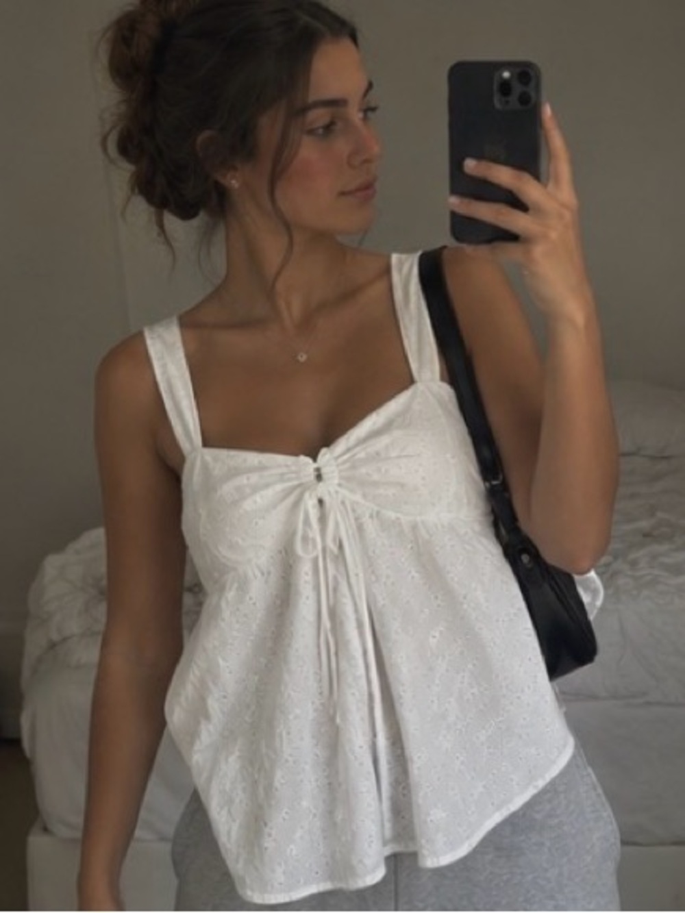 White Eyelet Ruched Tie-Front Camisole
